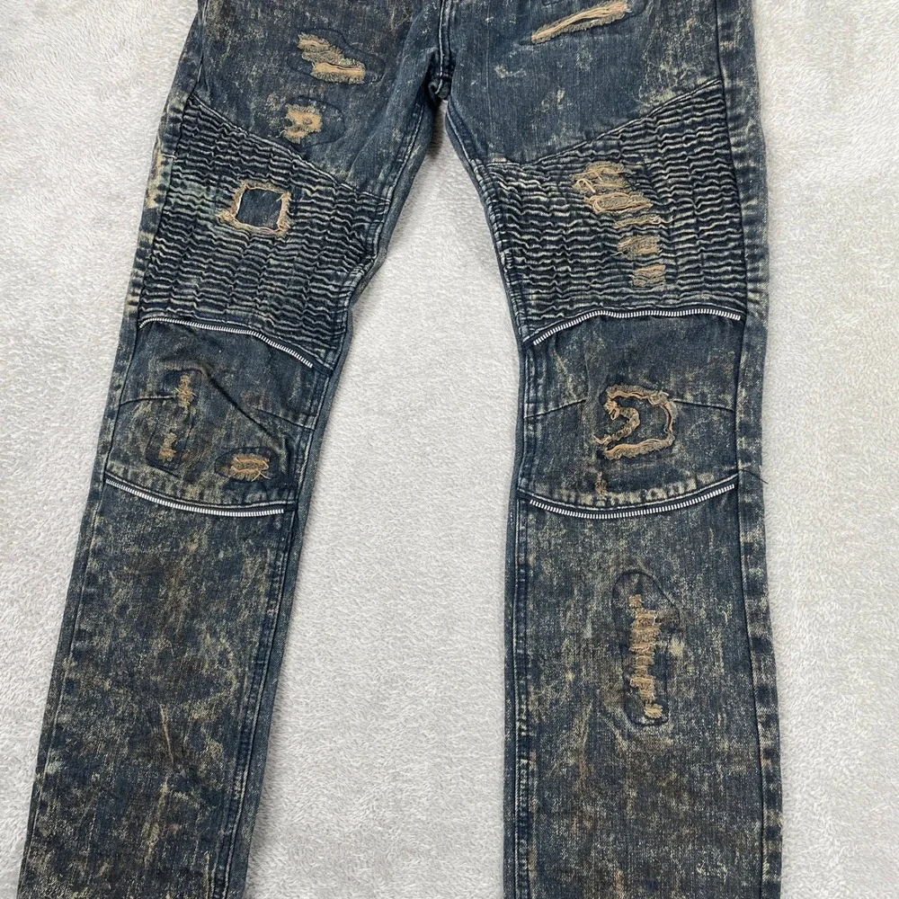 Stitches & Rivets Moto Biker Jeans Mens 32x32 Blue Acid Wash Distressed Slim Fit